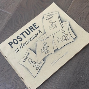 May include: A vintage booklet titled "POSTURE in Housework" with illustrations of stick figures performing daily tasks. The booklet is tan with black text and illustrations, and it is from the U.S. Department of Agriculture.
