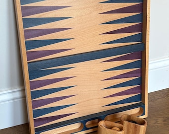 Vintage Wooden Backgammon Set – Mid Century Modern Game Board – Inlaid Wood Travel Backgammon – Complete Set with Storage – 19x16