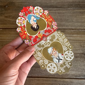 Vintage 1930s Die-Cut Valentine Cards: Sailor & Girl, Floral Heart Motifs