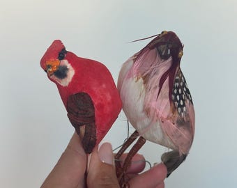 Vintage Feather Bird Christmas Ornament | Clip On Cardinal or Pink Songbird | Mid Century Holiday Tree Decor