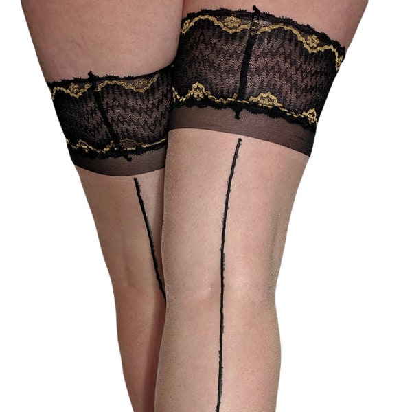 Lace Top Gold Thread Thigh-High Cuban Heel Hold-Up Seamed Stockings