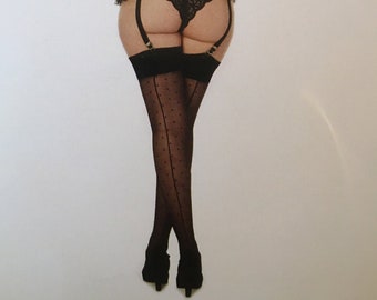 Plus Size Designer Vintage Style Retro Polka Dot Stockings in Black with Black Seams and Point Heels