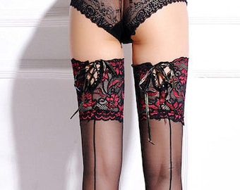 6" Lace Top Vintage Retro Seamed Stockings in Black with Black Seams, Point Heels and Opulent Nottingham Lace Red and Black Thigh Bands