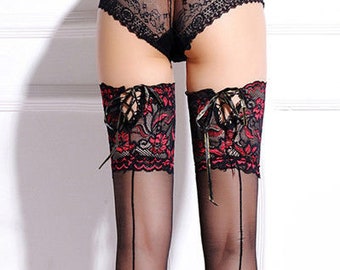 6" Lace Top Vintage Retro Seamed Stockings in Black with Black Seams, Point Heels and Opulent Nottingham Lace Red and Black Thigh Bands