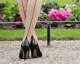 Designer Vintage Style Retro Polka Dot Stockings in Champagne with Black Seams and Point Heels