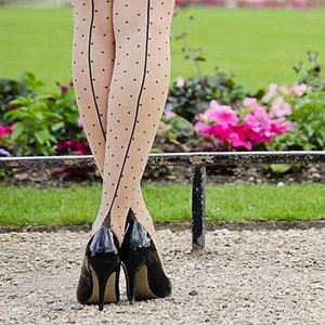 Designer Vintage Style Retro Polka Dot Pantyhose in Champagne with Black Seams and Point Heels