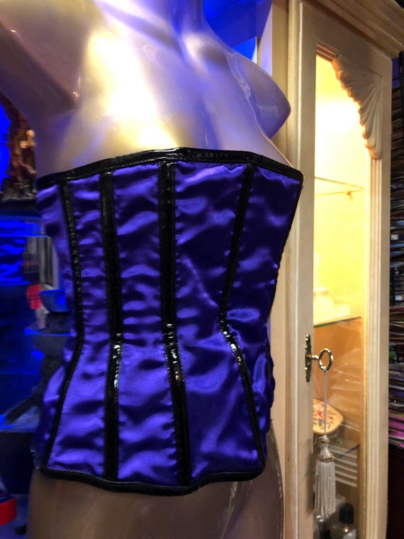 Purple satin and black pvc  boned corset bodice, … - image 1