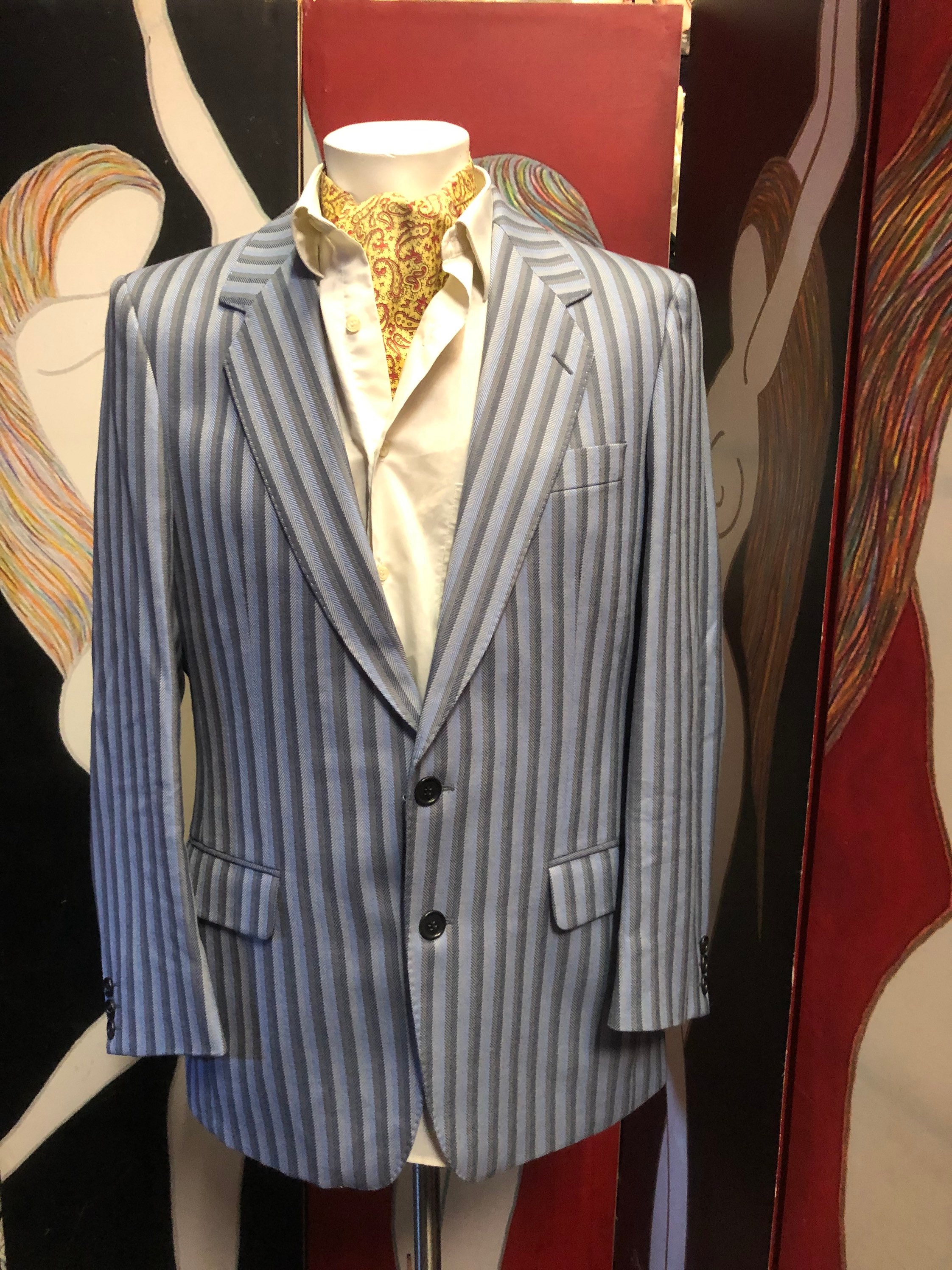 Image of Original Vintage James Bell Pale Blue Smoke Grey Striped Boating Blazer Jacket Henley Regatta Size 38"