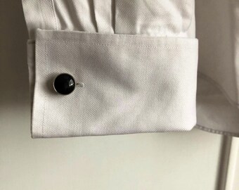 Vintage silver effect jet black round cufflinks. Wedding, Steampunk, Peaky Blinders, Day at the Races