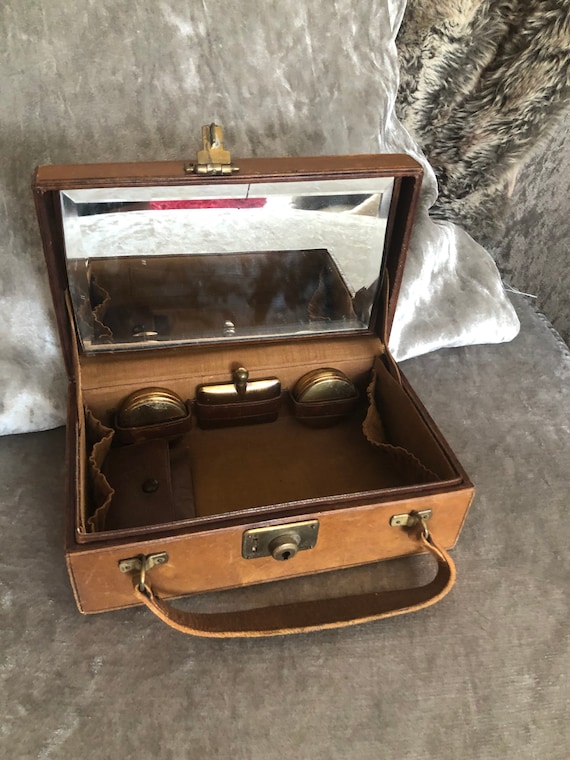 Vintage Leather Edwardian Cosmetics Vanity Case Complete With 