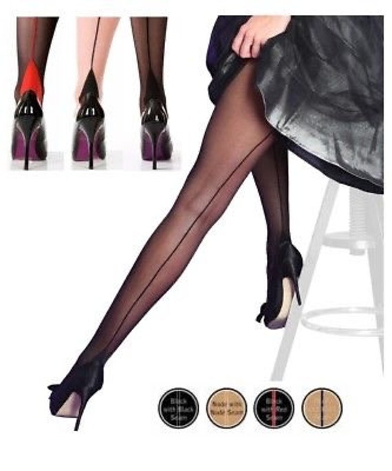 Retro 1980s 15 denier Tan Seamed Pantyhose with Contrast Seams and Point  Heels