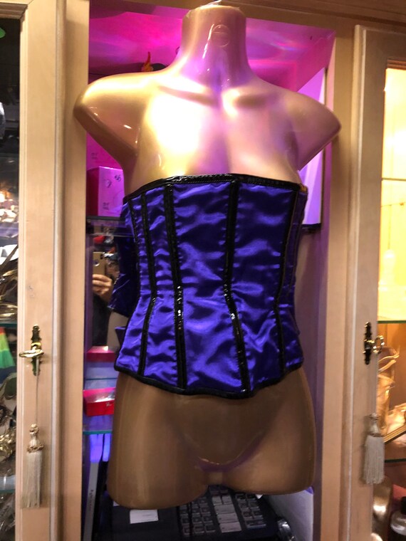 Purple satin and black pvc  boned corset bodice, … - image 4