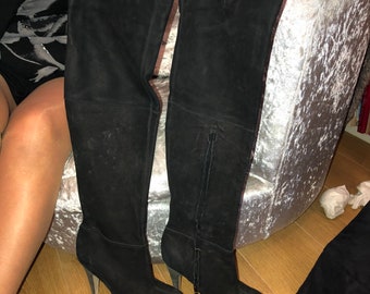 Black suede thigh boots made in Brazil small platform and stiletto heels US7 EU38 UK5