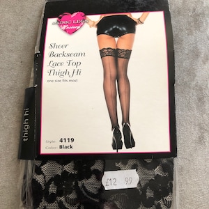 Gorgeous Vamp Black Sheer Back Seam Thigh High Hold Up Stockings with Lace Tops One Size