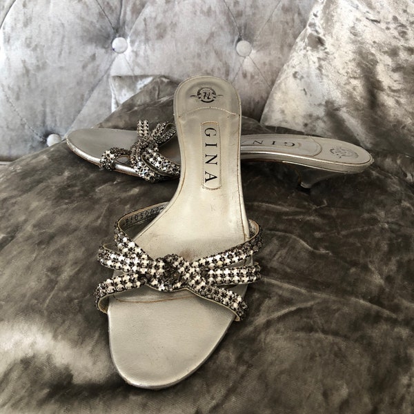 Original vintage GINA silver kitten heel diamanté mules size UK5.5 EU38.5 US7.5