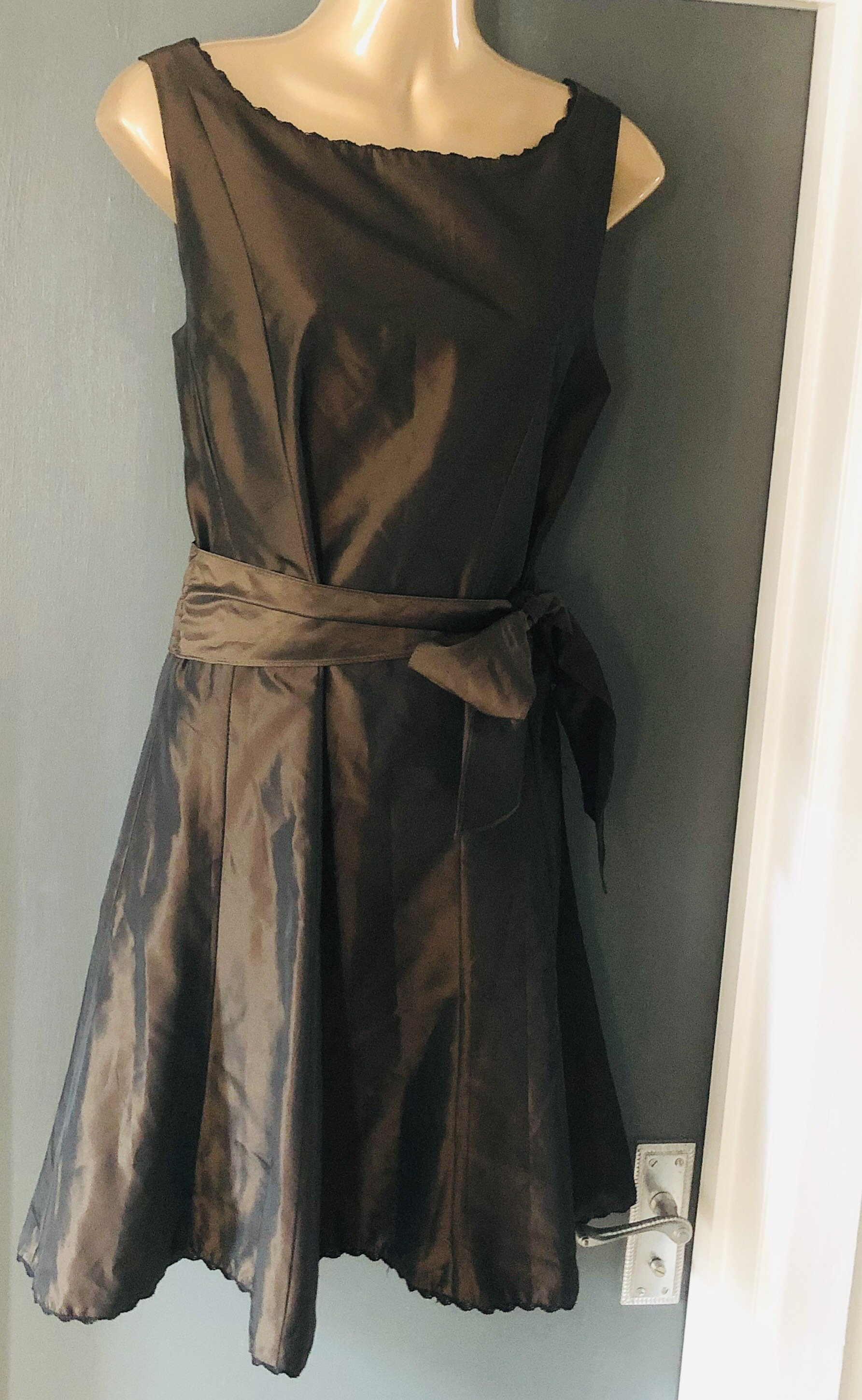 Image of Chocolate Brown Satin S Inspired Cocktail Dress With Full Skirt, V Neckline & Button Down Back Detail Size