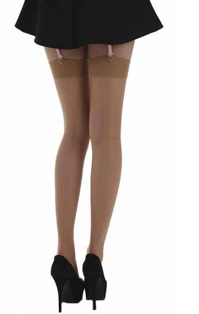 Wedding Vintage Style Seamed Stockings in Pale Tan with Pink Seams and Point Heels