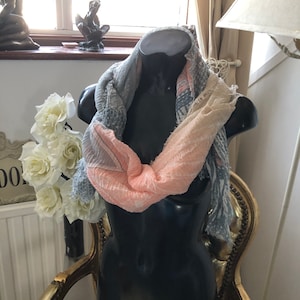 Large vintage cotton feel sarong /shawl in beautiful muted tones of silver grey, soft apricot and biscuit.