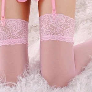 Baby Pink Vintage Sheer Lace Top Glossy Stockings