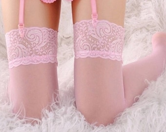 Baby Pink Vintage Sheer Lace Top Glossy Stockings