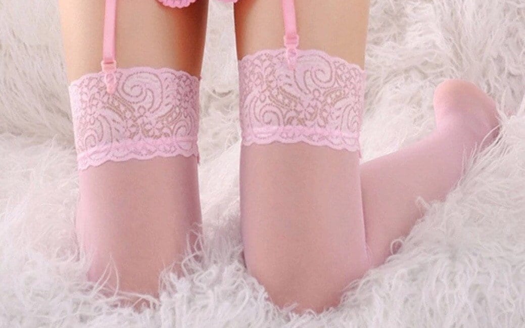 Baby Pink Vintage Sheer Lace Top Glossy Stockings