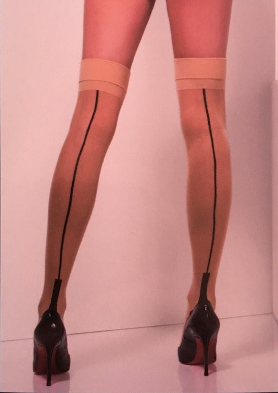 Cuban Heel Contrast Seam Hold up Thigh high Stockings. Nude black