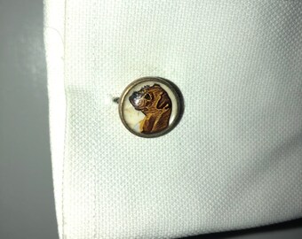 Vintage gold effect bulldog, Staffordshire bull terrier dog design cufflinks with chain links. Dog owner, Wedding, Steampunk, office attire