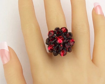 Red Crystal Beaded Stretch Ring; Unique Large Statement Ring; Multi-stone Mounded Cluster Ring; Costume Jewelry; Size 5 6 7 8 9 10 11 12 13