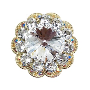 Puede incluir: Un gran cristal de strass transparente con un engaste de metal dorado. El strass está rodeado por un anillo de strass más pequeños, creando un diseño floral.