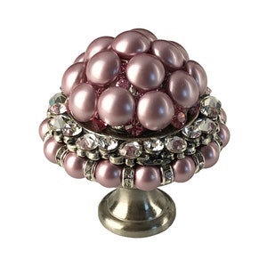 Unique Cabinet Knob Powder Rose Pearl Cluster with Light Rose Crystals; Decorative Kitchen Cupboard Door Knob; Art Deco Dresser Drawers Girl