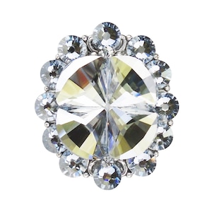 May include: A large, clear crystal rhinestone surrounded by a halo of smaller, light blue rhinestones.