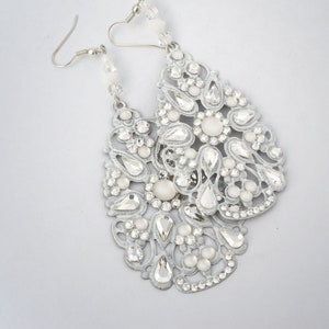 Large Dangle Earrings, Clear Crystal White Teardrop Filigrees, Glamorous Rhinestone Drops, Lightweight Art Deco Costume Jewelry