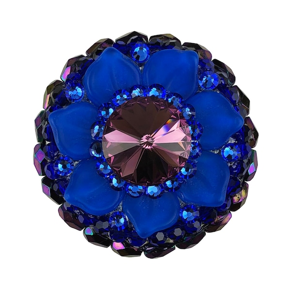 Unique Cabinet Knob Crystal Sapphire Amethyst Czech Glass Flower; Decorative Kitchen Cupboard Door Knob; Girls Dresser Drawer Art Deco Bling