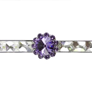 Könnte beinhalten: Ein silberner Krawattenclip mit einem violetten Strassstein in der Mitte, umgeben von kleineren Strasssteinen.