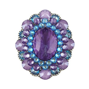 Puede incluir: Una gran piedra preciosa ovalada de color púrpura rodeada de piedras preciosas azules y púrpuras más pequeñas. Las piedras preciosas están engastadas en un metal plateado.