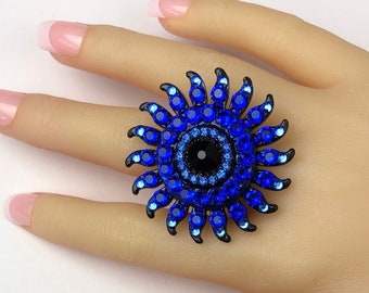 Cobalt Majestic Blue Sapphire Crystal Beaded Stretch Ring, Unique Large Statement Ring, Multi-stone Cluster Ring, Size 5 6 7 8 9 10 11 12 13