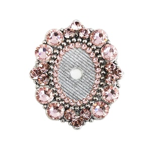 以下が含まれることがあります： テクスチャ加工された中心部とピンクのラインストーンのリングが付いた、銀色の楕円形の装飾