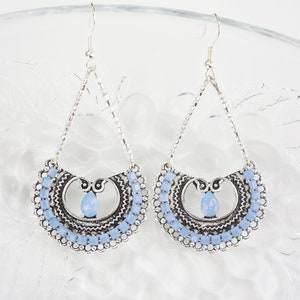 Large Crystal Earrings; Air Blue Opal Unique Chandelier Dangle Earrings; Bridal Wedding Rhinestone Earrings; Paris French Earrings