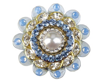 Unieke kastknop Lt Sapphire, Blue Opal, Clear Crystal & White Pearl op messing; Gouden decoratieve keukenkast deurknop Art Deco