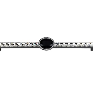 Könnte beinhalten: Ein schwarzer Schrankgriff mit einem zentralen ovalen schwarzen Edelstein, umgeben von kleinen, klaren Kristallen. Der rechteckige Griff hat eine Reihe klarer Kristalle entlang der Oberkante.