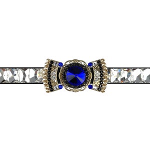 Könnte beinhalten: Eine schwarze und goldene Gürtelschnalle mit einem großen blauen Edelstein in der Mitte. Die Schnalle ist mit kleinen schwarzen Perlen und Strasssteinen verziert.