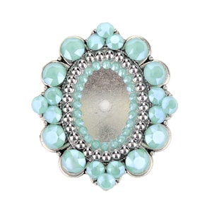 May include: A silver oval-shaped brooch with a light blue rhinestone border. The brooch has a silver centre with a small hole in the middle.