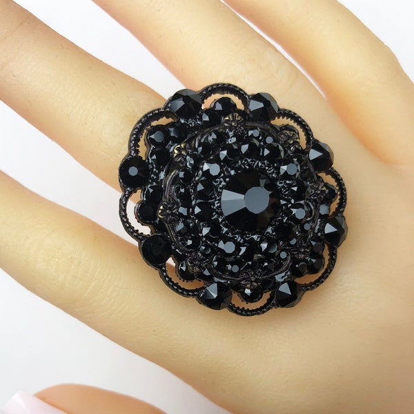 Antique Black Crystal Beaded Stretch Ring, Unique Large Statement Ring, Multi-stone Mounded Cluster Ring, Size 5 6 7 8 9 10 11 12 13