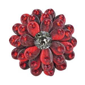 以下が含まれることがあります： 中央に大きな濃いグレーのクリスタルが付いた、赤と黒の花の形をしたブローチです。