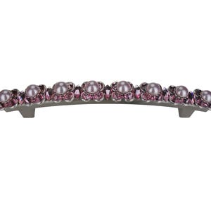 May include: A silver drawer pull with a curved shape and a row of pink pearl-like beads and pink crystals.