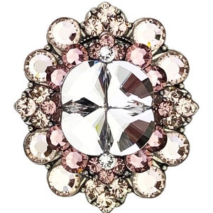 以下が含まれることがあります： ピンクとクリアなクリスタルで囲まれた大きなクリアクリスタルが付いたシルバー調のブローチ