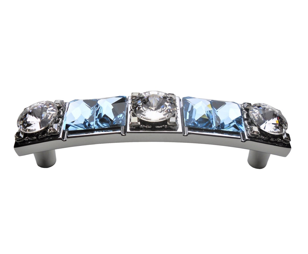 3 Inch Aqua Crystal Drawer Pull Large Rhinestone Chrome Handle