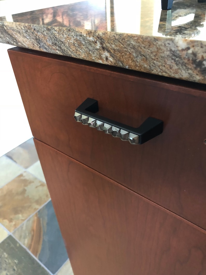 3 Inch Crystal Drawer Pull Large Rhinestone Matte Black Etsy