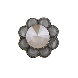 May include: A gray and white flower-shaped button with a large, clear, faceted crystal in the center.