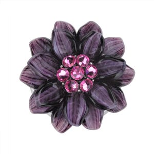 Puxador de armário em forma de flor, em vidro checo ametista, com centro em cristal rosa.